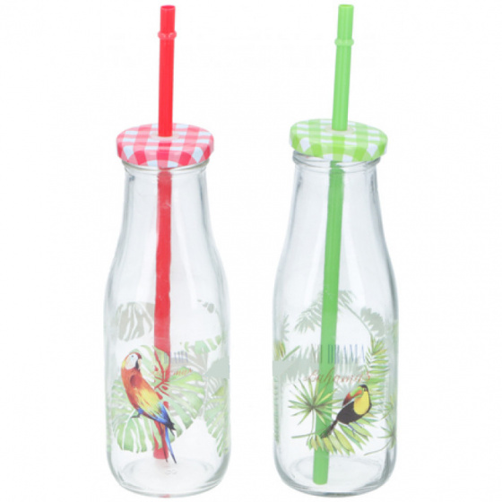 drinkfles met rietje 400 ml glas groen - Afbeelding 2