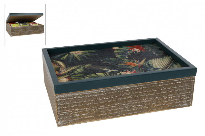 rechthoekige theedoos met drie vakjes 24x16x7,3 cm hout - Afbeelding 2